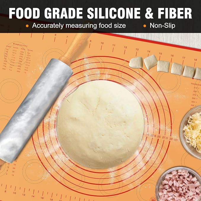 Walfos Marble Rolling Pin Set With Non Stick Silicone Pastry Mat, 16.5 Inch Dough Rolling Pins For Making Pizza, Tortillas And Cookies, Backing Rolling Pin For Pie Crust, Pizza, Pasta (Gray & White)