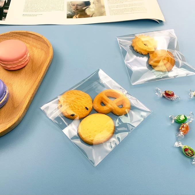 200 Pcs Self Sealing Cellophane Bags, 4x9 Inches Cookie Bags, Resealable Cellophane Bags Self Adhesive for Bakery Cookies Candy Snack