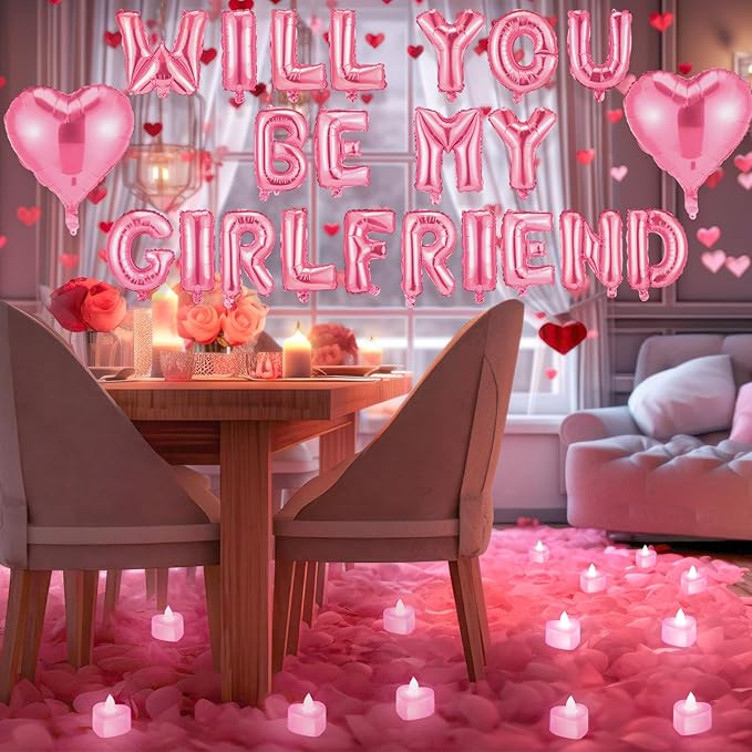 Will You Be My Girlfriend Balloon Proposal Decor 24 LED Flameless Tealight Heart Candle 2000 Artificial Rose Petals Love Balloon for Engagement Wedding Decor Romantic Special Night(Pink)
