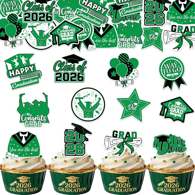 48pcs Edible 2026 Graduation Cupcake Toppers Wafer Paper Green Class of 2026 Cake Decorations Edible Congrats Grad Cupcake Picks for 2026 Graduation Theme Party Cake Supplies