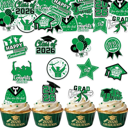 48pcs Edible 2026 Graduation Cupcake Toppers Wafer Paper Green Class of 2026 Cake Decorations Edible Congrats Grad Cupcake Picks for 2026 Graduation Theme Party Cake Supplies