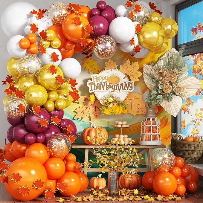 Fall Balloon Arch Kit, Orange Gold Burgundy Fall Balloon Garland Kit, Thanksgiving Balloons with 2pcs 2-Meter-Long Maple Leaves, Pearl Gold Orange White Balloons for Autumn Harvest Party Decorations