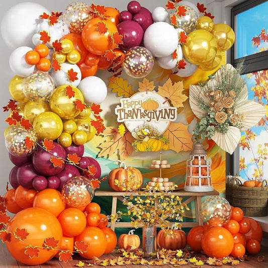 Fall Balloon Arch Kit, Orange Gold Burgundy Fall Balloon Garland Kit, Thanksgiving Balloons with 2pcs 2-Meter-Long Maple Leaves, Pearl Gold Orange White Balloons for Autumn Harvest Party Decorations
