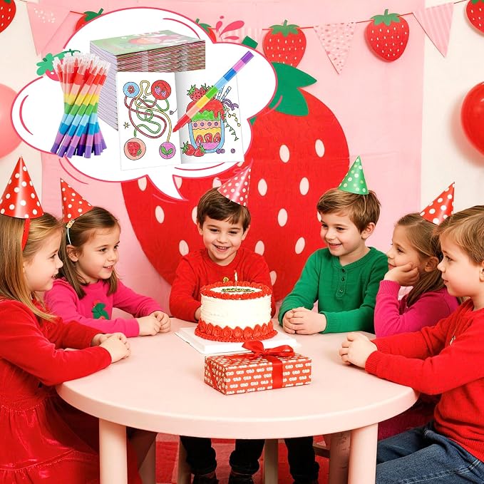 BenLouis 24 Strawberry Mini Coloring Books Kids with 24 Stacking Crayons Berry Party Favors Activity Books Bulk for Kids Girl Fruit First Goodie Bag Gift Stuffer Classroom Reward