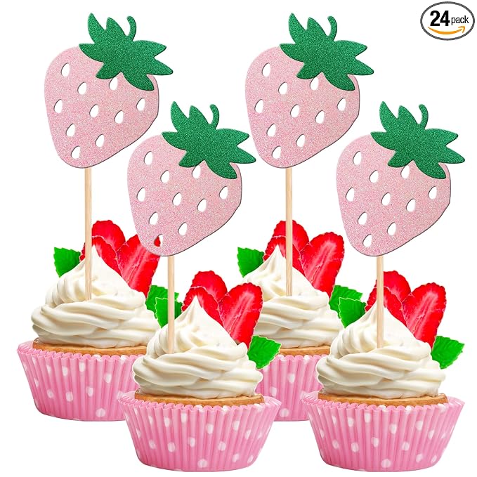 24 PCS Strawberry Cupcake Toppers Red Glitter Fruit Theme Berry Strawberry Cupcake Picks for Summer Sweet Fruit Baby Shower Kids Birthday Party Cake Decorations Supplies Pink