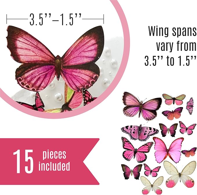 Sugar Robot Inc. Edible Butterflies for Cake Decorating - Assorted Sizes, Premium Crafted in the USA - Butterfly Cake Toppers & Cupcake Decorations (Pink)