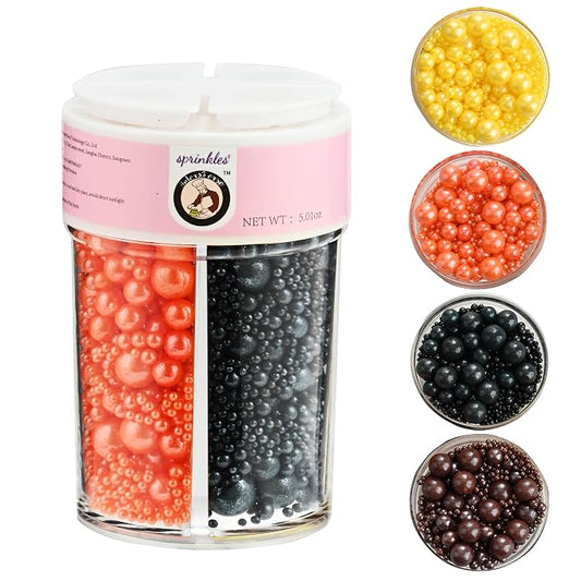 Homankit Edible Pearl Sprinkles for Baking, Black Orange Yellow and Brown Sugar Pearls Cake Decorations for Cupcake Toppers Cookie Decorating Birthday Party Halloween Thanksgiving Autumn Supplies