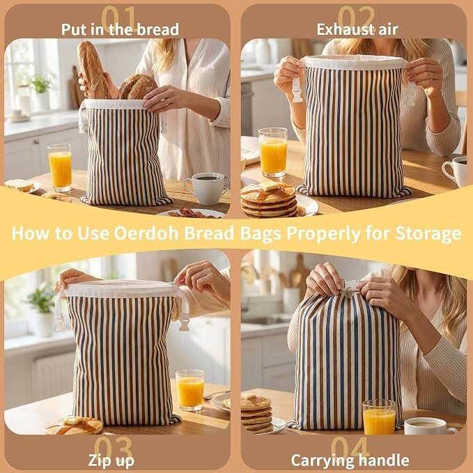 Reusable Beeswax Bread Bags-17"x13" Large Bread Bags for Sourdough & Homemade Cloth BreadBags Keeps Fresh Longer 2Pack (Vertical stripe pattern) | Stripe Pattern