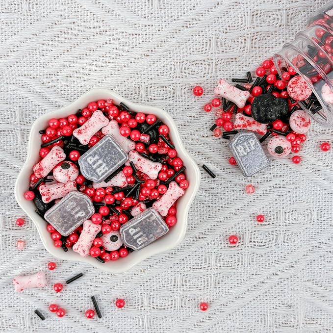 LEBERY Candy Eyeballs Edible Eyes Halloween Sprinkle Skull Dog Bones Sprinkles Candy Eyes Black Red Sprinkle Edible Eyeballs Skull Cake Decorations for Halloween Cake Cupcakes Cookie - 3.35 OZ