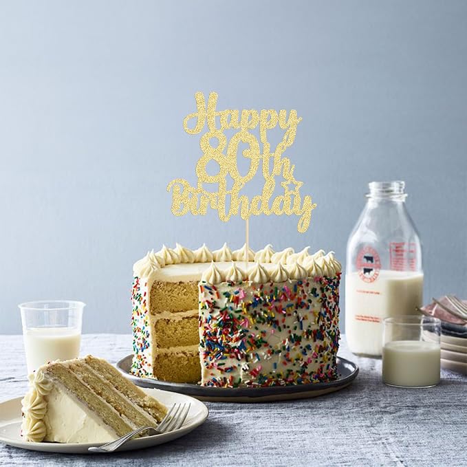 Gyufise 1Pc Happy 80th Birthday Cake Topper Glitter Cheers to 80 Years Old Birthday Cake Pick for Happy 80th Birthday Anniversary Party Cake Decorations Supplies Gold