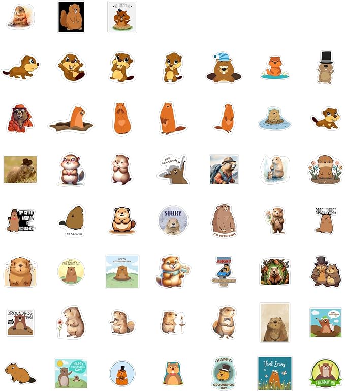100Pcs Groundhog Stickers for Water Bottle and Laptop - Cute Animal Decorations, Party Supplies & Gifts, Waterproof Vinyl Decals, Gifts for Women & Men