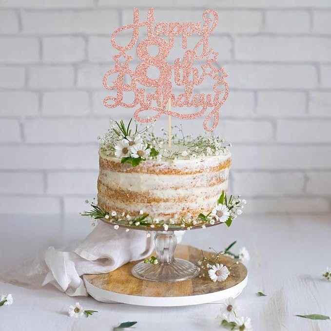 1 Pack Happy 8th Birthday Cake Topper Rose Gold Glitter 8th Birthday Cheers to 8 Years Old Birthday Cake Pick for Celebrating Anniversary Party Cake Decorations Supplies