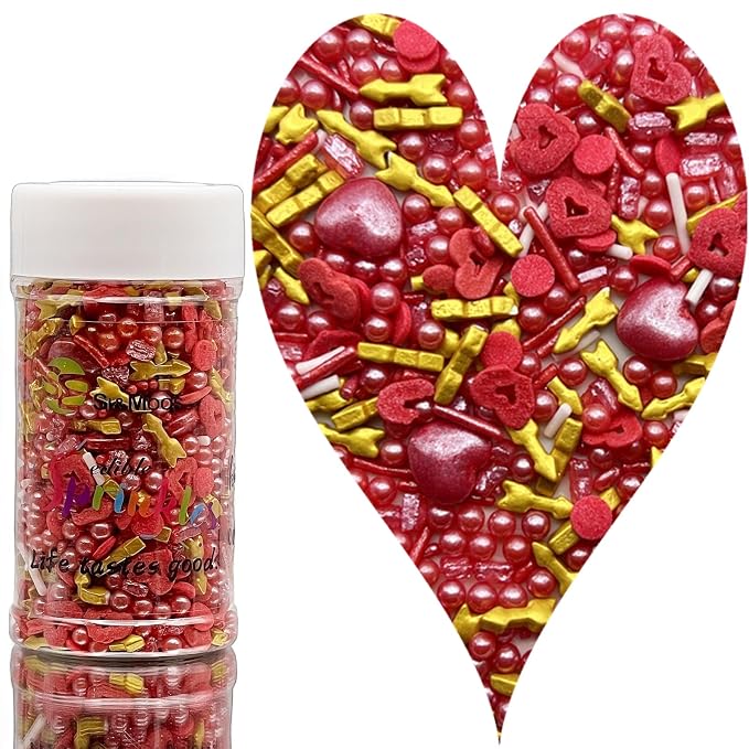 SE Si&Moos Edible Red Hearts and Cupid Arrows Valentines Sprinkles Heart Confetti Edible Sugar Pearls Red and Gold Sprinkles for Cake Decorating, Baking, Ice Cream, Cookies, Cupcake Toppers Party Baby Shower Holiday Supplies 3 OZ