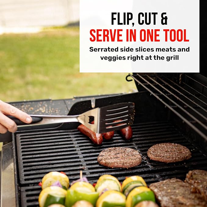 Grillbot BBQ Grill Spatula for Outdoor Grill, Heavy-Duty Multi-Function Stainless Steel Griddle with Serrated Cutting Edge & Bottle Opener, Long Handle BBQ Spatula, Dishwasher Safe