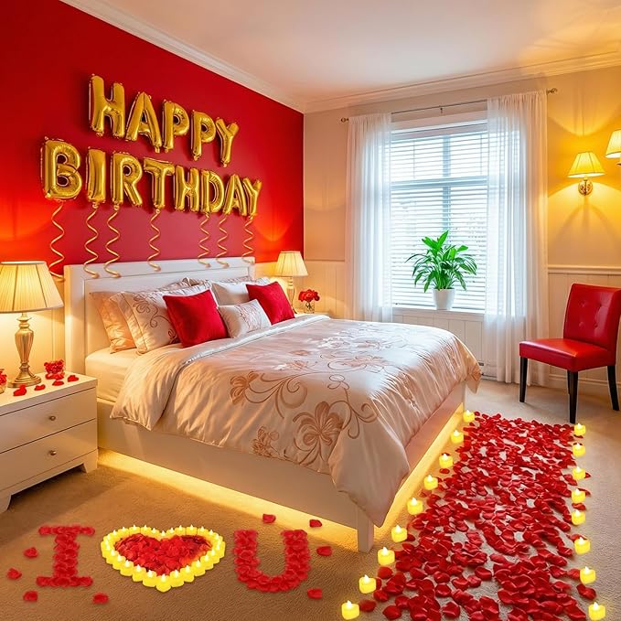 Red and Gold Happy Birthday Balloons Decorations Happy Birthday Letter Balloons Banner Set 24pcs Heart Flameless LED Candles 2000pcs Artificial Rose Petals for Women Men Room Party Decor