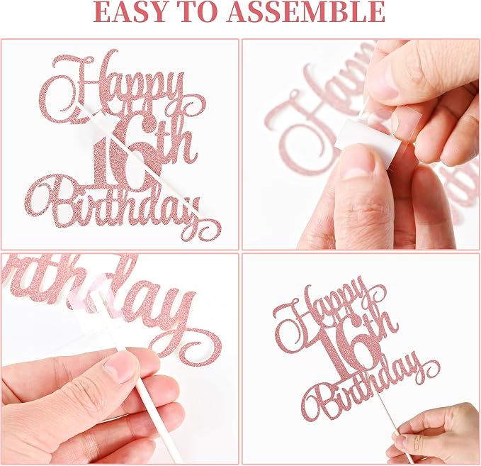 16th Birthday Cake Decorations, 16th Birthday Candles Cake Numeral Candles and Glitter Happy 16th Birthday Cake Toppers Set for Birthday Party Supplies (Rose Gold)