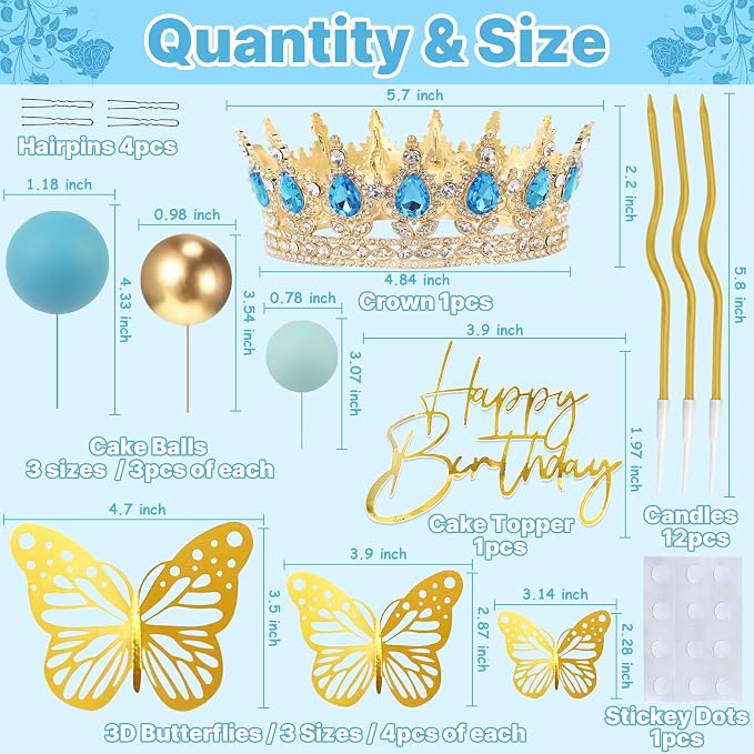 Crown Cake Topper, Blue & Gold Crown Balls Happy Birthday Cake Toppers Candles Butterfly, Corona Para Pastel, Crown Cake Decorations for Women Queen Princess Men (Gold, Lake Blue)