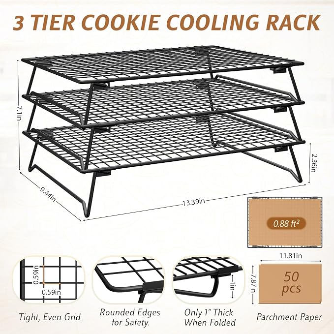 Stackable Cooling Racks 3-Tier 13.4x9.4in with 50 Parchment Papers | Heavy duty wire baking rack for cookies, bread, pizza & pastries. Collapsible for storage. Includes 7.9x11.8in sheets.