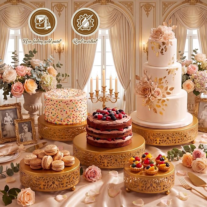 Wenqik 5 Pcs Metal Gold Cake Stand 16/14/12/10/8 Inch Round Cake Holder Display for Dessert Table Cookies Fruit Serving Tray Cupcake Pastry Riser for Wedding Birthday Party and Events
