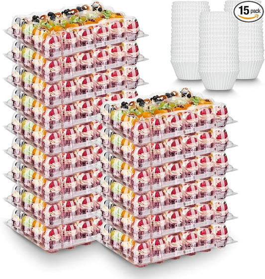 Hlukana (24 Pack x 15 Sets) Mini Cupcake Containers with 375 Pack Cupcakes Liners, Plastic Cupcake Holder, Stackable Mini Cupcake Boxes Carrier, Clear Disposable Cupcake Trays, High Dome - MINI SIZE