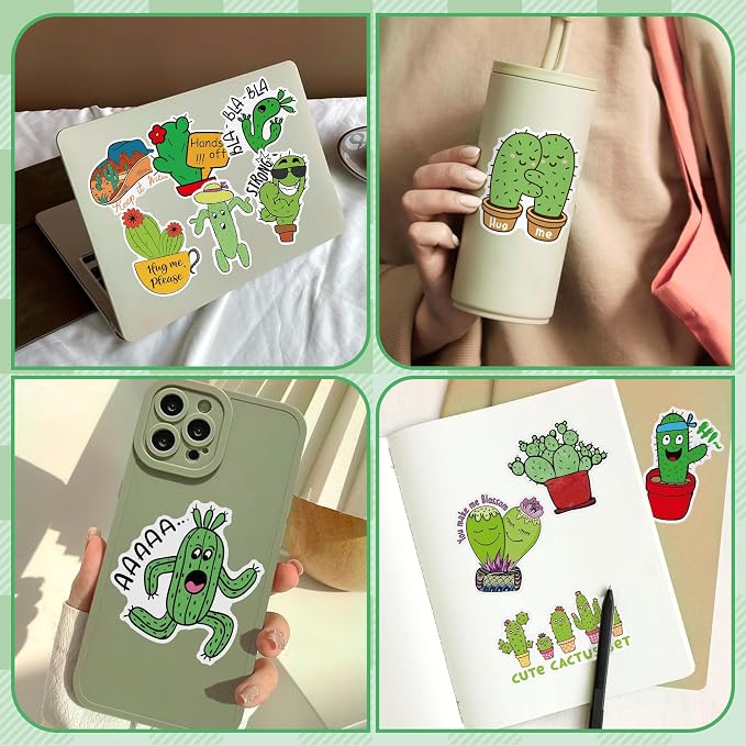 50 Pcs Green Cactus Stickers for Water Bottles, Waterproof Vinyl Cute Plant Stickers for Scrapbook Laptops, Green Decorative Decals for Kids Boys Girls Teens