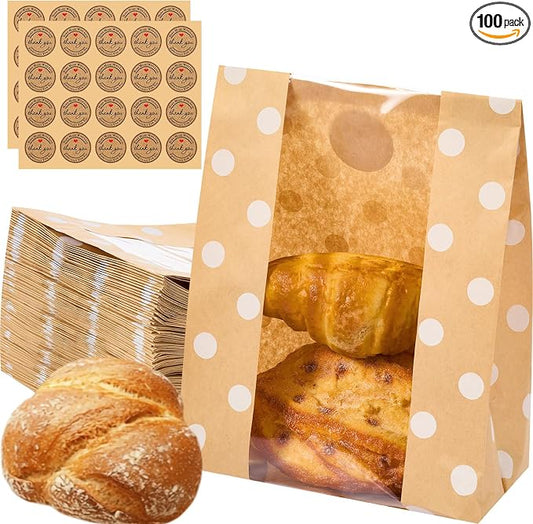 Feifeiya 100 Pack Kraft Paper Bread Bags for Homemade Sourdough Bread with Window & Stickers, 13.7x8.3 Large Bakery Bags for Loaves Greaseproof Food Packaging for Baking Gifts, Brown(Classic)