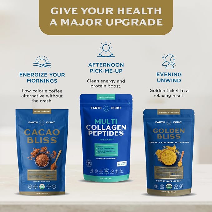 Earth Echo Cacao Bliss - Ceremonial Grade Organic Raw Cacao Powder with MCT Oil & Turmeric - Supports Energy Boost, Mindful Snacking & Focus - Unsweetened, Vegan, GMO-Free, 15 Packets for On-the-Go