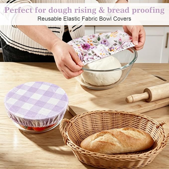 Reusable Bowl Covers for Bread Proofing 4pcs,Linen Cotton Sourdough | Breathable,Fabric,Shower Caps,Accessories,Supplies,Food Lids,Fruit Storage,4"-14",Purple,Checkered,Flower,Large