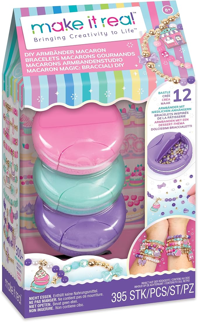 Make It Real: Macaron Bracelet Maker - 395pc, DIY Jewelry Craft Kit, Design & Make 12 Dazzling Bracelets, Dessert-Themed Beads & Charms, Girls-Kids 8+