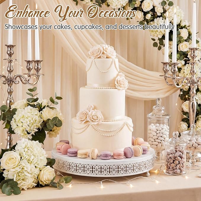 Wenqik White Cake Stand 16 Inch Metal Round Cupcake Dessert Wedding Cake Stand with Cutting & Spatula Cookies Display Holder Fruit Serving Tray for Table Wedding Birthday Anniversary Party