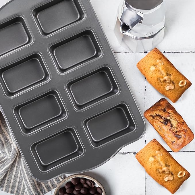 Lawei 2 Pack 8 Cavity Mini Loaf Pan, Non-Stick Small Bread Loaf Pans, Rectangle Carbon Steel Baking Loaf Pans for Corn Bread, Little Banana Breads, Cheesecake, Mini Brownie Pan