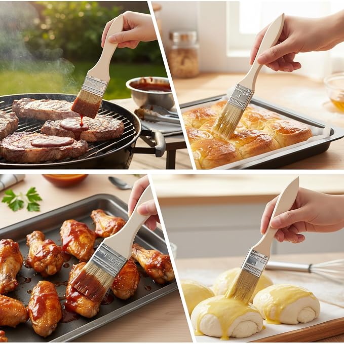 TIESOME 3 Pcs Natural Bristle Pastry Brush, Basting Brush for Baking, Cooking & Grilling, Wood Handle Sauce Brushes for Oil, Butter, Marinade (Wood, 6.89-7.48 Inch)