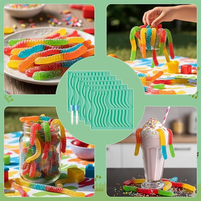 5PCS Silicone Gummy Worm Molds,Worm Gummy Candy Mold,Non-Stick Worm Candy Mold with 2 Droppers for Convenient Filling,Gummy,Candy，Chocolate,85Cavity
