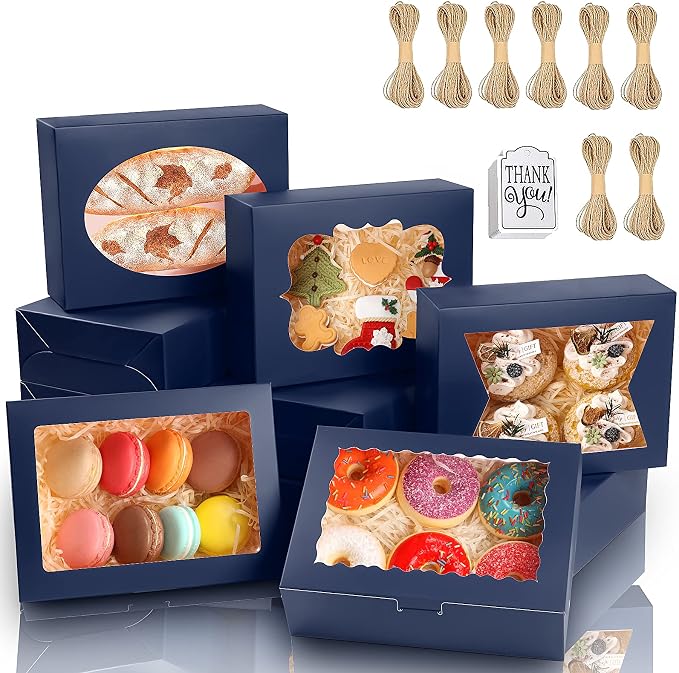 KPOSIYA 65 PCS 8x6x2.5 Inch Cookie Boxes with Window Blue Bakery Boxes Pastry Boxes for Gift Giving, Treat, Dessert, Cupcakes, Chocolate, Strawberries, Donuts, Muffins (5 Style Windows)