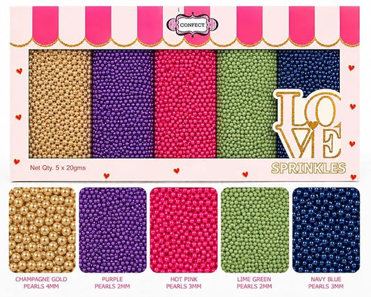 Confect Pearl Sprinkles | Pack of 5 Tropical Tea Party Disco Ball Sprinkles | Mix Golden, Purple, Neon Pink, Lime Green & Navy Blue Pearl Dragees - Vegan, Gluten-Free, Nut-Free, Soy-Free, Dairy-Free, Palm Oil-Free, No Artificial Dyes - 5 Oz