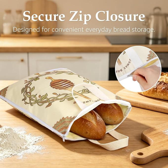 2 Pack Beeswax Bread Bags for Sourdough, 17x13 Inch Reusable Cotton Bread Storage Bags with Zipper and Handle Natural Beeswax Lining Freezer Friendly with 10 Food Labels Included (Honey Vine)