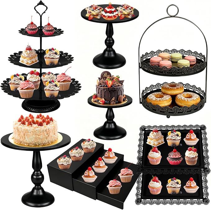 HAISIWLKJ 10 Pcs Black Cake Stand Set Metal Cupcake Stands, Multiple Styles Dessert Display Tower for Candy Fruit, Cake Serving Trays for Birthday, Wedding, Anniversary, Baby Shower, Engagement Party