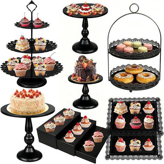HAISIWLKJ 10 Pcs Black Cake Stand Set Metal Cupcake Stands, Multiple Styles Dessert Display Tower for Candy Fruit, Cake Serving Trays for Birthday, Wedding, Anniversary, Baby Shower, Engagement Party