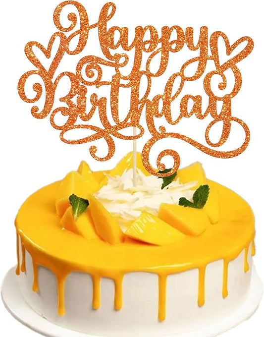 Gyufise 1Pcs Happy Birthday Cake Topper Glitter Cake Pick Bunting Decor for Anniversary Celebrating Party Cake Decorations Supplies Orange