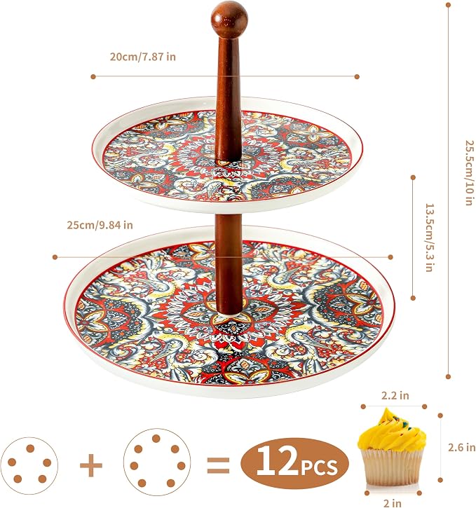 2 Tiered Cupcake Dessert Stand Ceramic, Tiered Serving Cake Stand Bohemian Plates Tray Food Grade Dessert Display Stand, Beautiful Gift for Tea Party, Weddings Parties & Home Décor (Red)