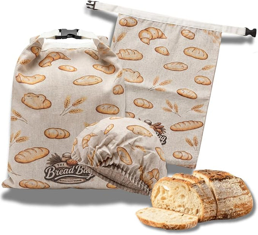 2 Pack Organic Reusable Bread Bag Beeswax Lining With Bowl Cover, Linen Bread Bag, Freshness Preservation, For Homemade Bread, Sourdough, Brioche. Durable & Made With Natural Materials.