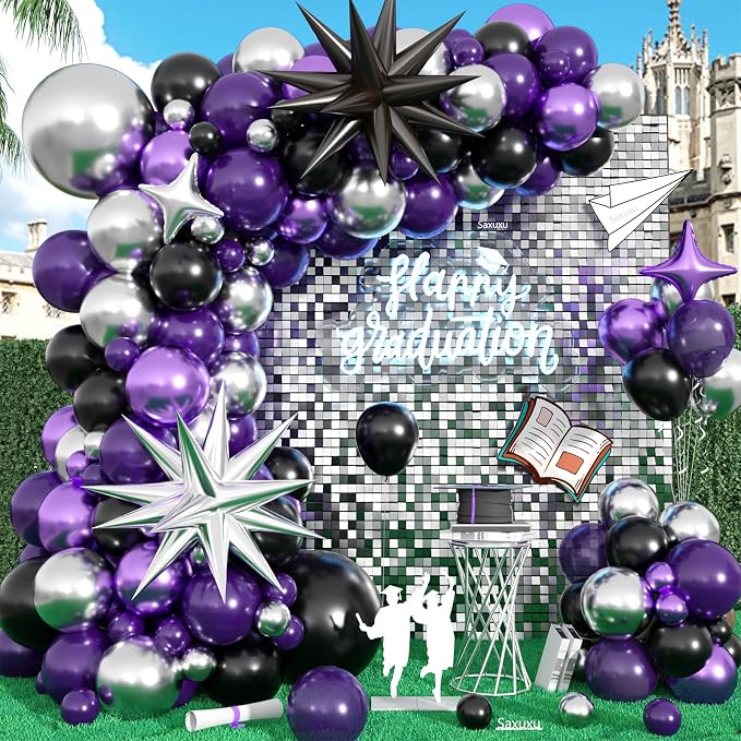 Purple Black Balloon Arch Kit, Black Purple Silver Balloons garland Arch kit, Sliver Star Foil Balloons For Birthday Baby Shower Party Wedding Bachelorette Bridal Shower Graduation Halloween Decor