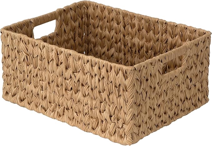 JS HANGER Large Woven Rattan Storage Basket with Handle for Organizing Waterproof Plastic Wicker Basket for Bathroom, Living Room 16.53’’ x 12.8’’ x 7.5’’ Natural