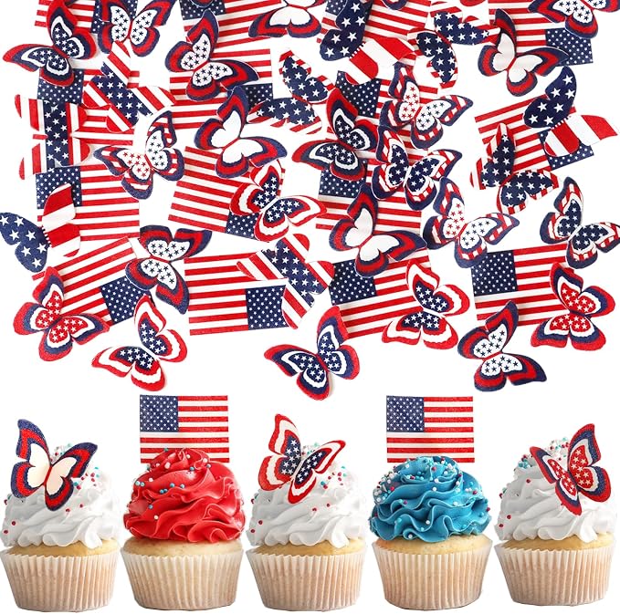 50PCS Edible American Flag Cake Decorations Patriotic Wafer Cupcakes Toppers for 4th of July, Independence Day Parties & Birthday Celebrations (50, American Flag & Butterfly)