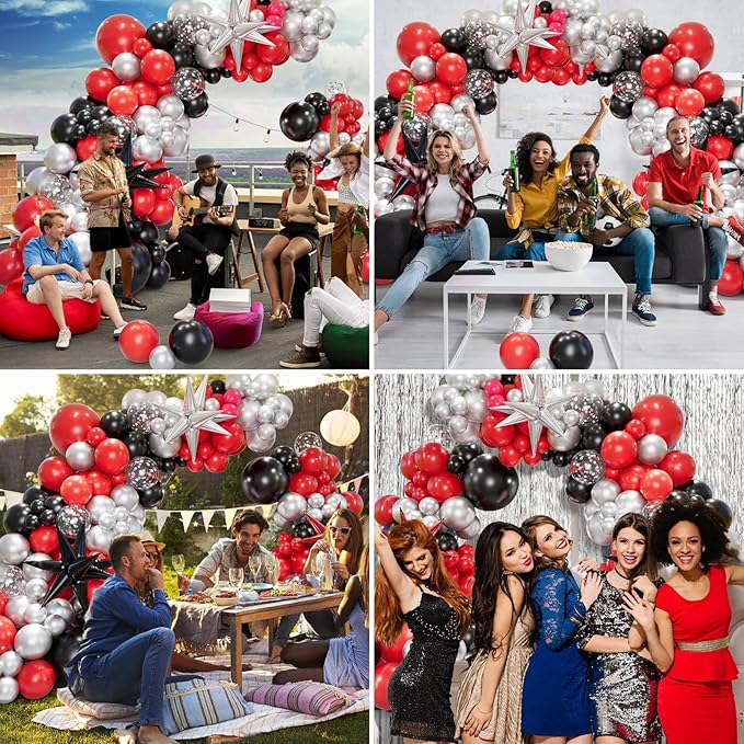 Bonropin 161pcs Red and Black Balloon Arch Kit with Explosion Star Balloons, 5/10/12/18in Red/Black and Metallic Silver Balloons Garland Kit for Birthday Prom Graduation Party Decorations