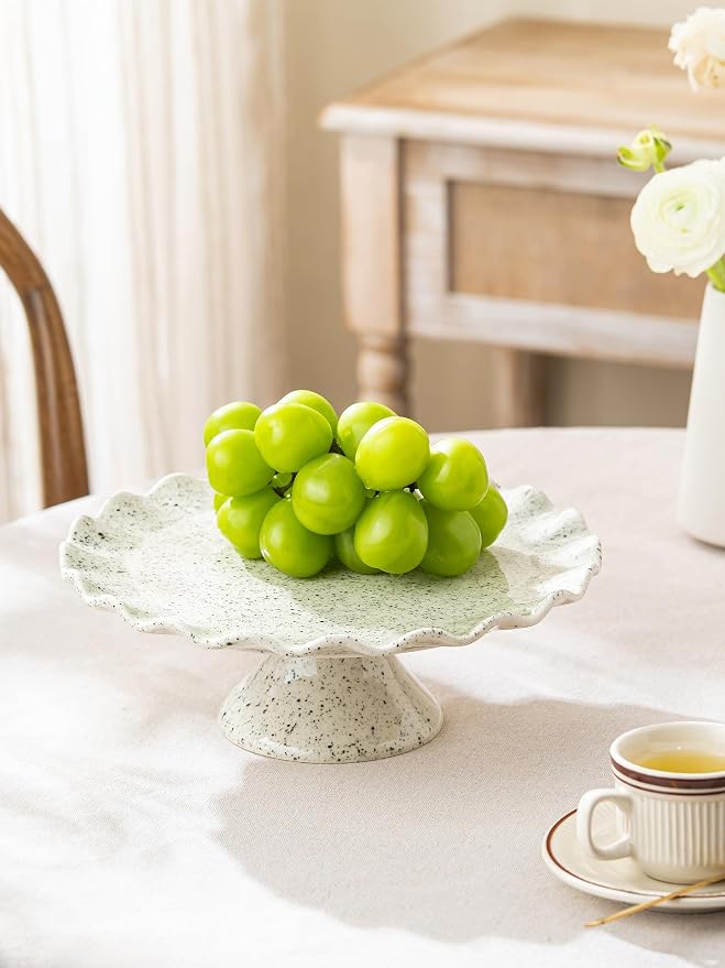Ceramic Cake Stand, Small Cake Plate for 8 Inch Cake, Vintage Cake Pedestal Stand with Ruffle Trim for Mother's Day, Cupcake Stand for Dessert Table Display, Speckled White