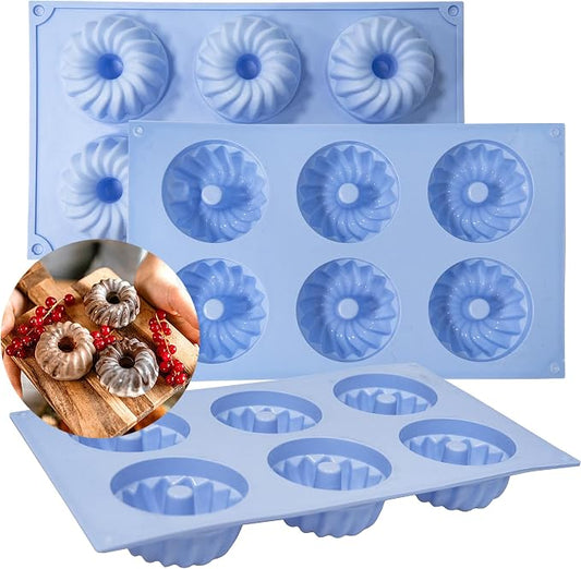 LGQUK Jello Mold, 3pcs Silicone Fluted Tube Cake Pans, 6-Cavity Non Stick Silicone Baking Molds for Cupcake, Donuts,Muffin, Cornbread, Brownie, Jellies (Blue, Fluted Tube)