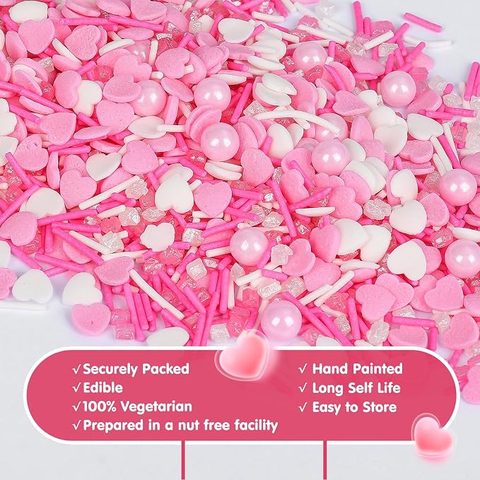 Edible Heart Sprinkles,Pink White Sprinkles -130g,Edible Heart Shaped Sprinkle,Pearl,Jimmies and Sugar Crystals Mix for Baking,Light Pink Cupcake Toppers,Cake,Candy,Cookie Decorations,Donuts Ice Cream Dessert Decorating,Wedding Birthday Party Supplies