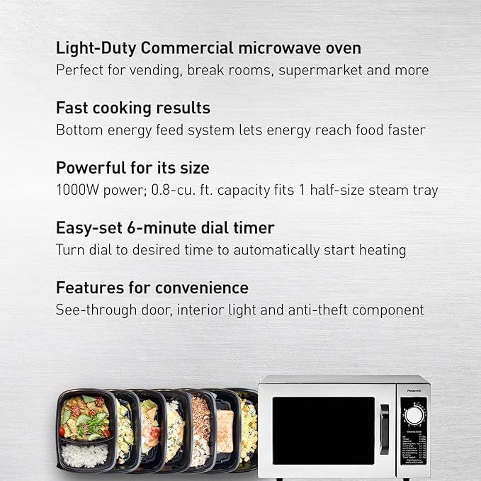 Panasonic NE-1025F Compact Light-Duty Commercial Microwave Countertop Oven with 6-Minute Electronic Dial Control Timer, Bottom Energy Feed, 1000W, 0.8 Cu. Ft. Capacity Silver