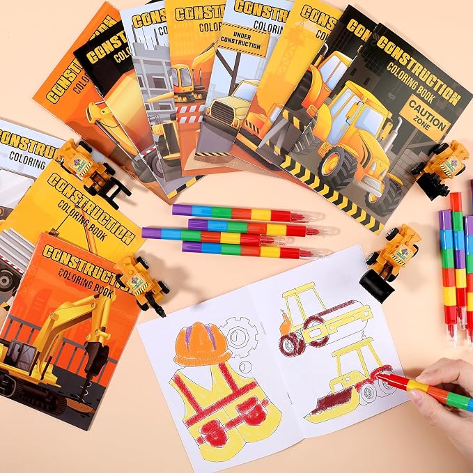 BenLouis 24 Construction Mini Coloring Books Kids with 24 Stacking Crayons Excavator Theme Party Favors Activity Books Bulk for Kids Construction Birthday Goodie Bag Gift Stuffer Classroom Reward